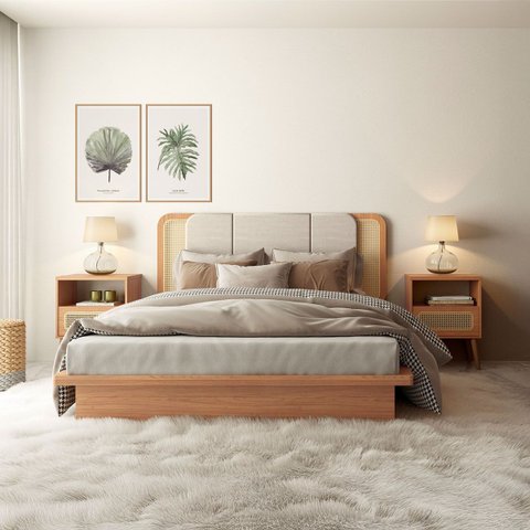 Kit Quarto Completo Cama Cabeceira 2 Mesas Lateral com Palha Natural Mdf Freijó Dalla Costa