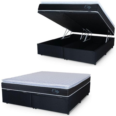 Cama Box Baú Casal King Colchão com Molas Ensacadas City Pillow Top 193x203x64cm Hellen Preto/