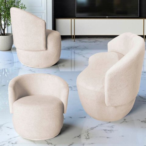 Kit Namoradeira + 2 Poltronas Decorativa Beatriz Orgânica Suede Marfim