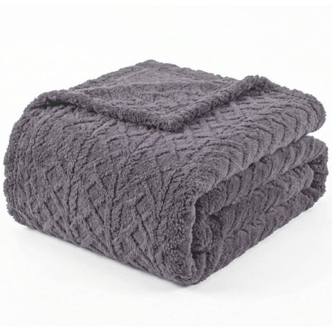 Manta Queen Sherpa Dupla Face 240g/m²Jacquard Alto Relevo Aveludada Quente e Macia - Cinza 100% Poli