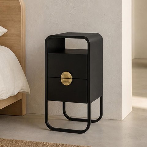 Mesa de Cabeceira Industrial Orgânico 2 Gavetas 30cm Alek A03 Nero Preto - Lyam Decor