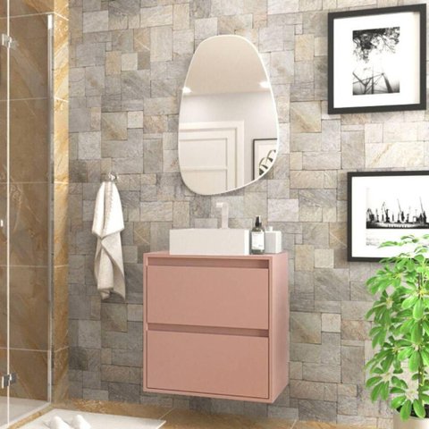 Gabinete para Banheiro com Cuba e Espelheira Organica 60cm Mdf Rosa Dubai - On Móveis