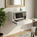 Ver imagem 1 de Escrivaninha Suspensa Bancada Compacta com Gaveta Mesa para Notebook Branco Laca