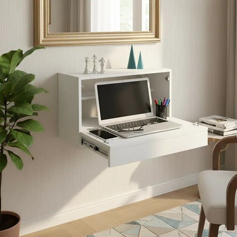 Escrivaninha Suspensa Bancada Compacta com Gaveta Mesa para Notebook Branco Laca