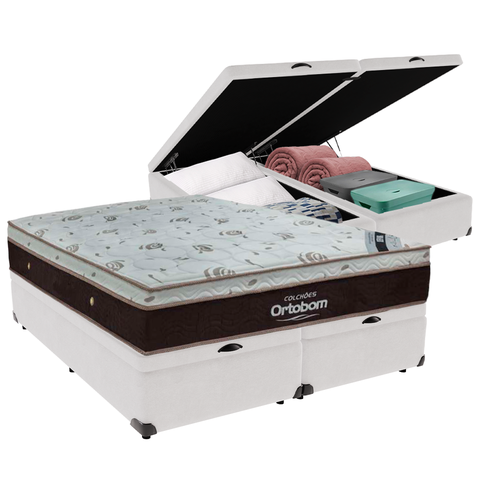 Cama Box Baú Blindado e Reforçado King Branco e Colchão Sleep King Molas Ensacadas Ortobom