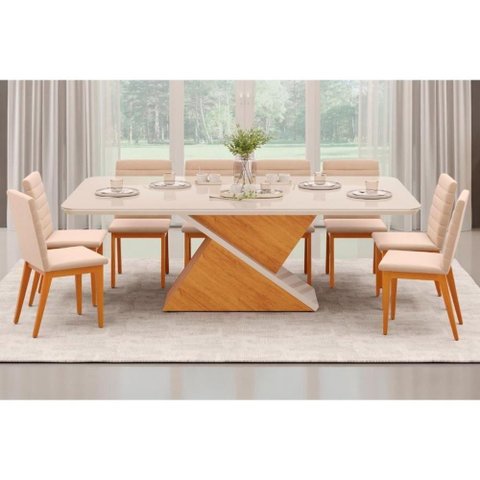Sala de Jantar Completa Zafira Tampo Madeirado C- Vidro Curvo 200x100cm e 8 Cadeiras Sofia Cedro-off