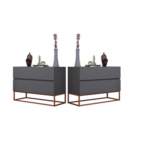 Kit 2 Mesa Cabeceira Industrial Com Pés de Ferro Cobre 2 Gavetas Puxador Cava Cor Cinza