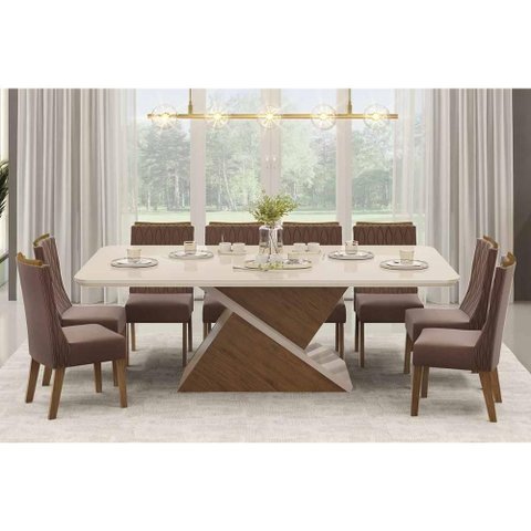 Sala de Jantar Completa Zafira C/ Tampo Madeirado C/ Vidro 200x100cm e 8 Cadeiras Jade Freijo/off