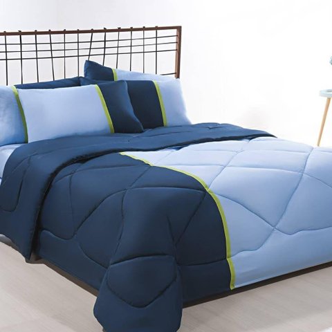 Enxoval Edredom + Jogo de Cama King Aconchego Premium 06 Peças - Azul- Marinho