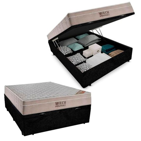 Cama Baú Casal Suede + Colchão Casal Ortobom Airtech Molas Springpocket (65x138x188) Preto