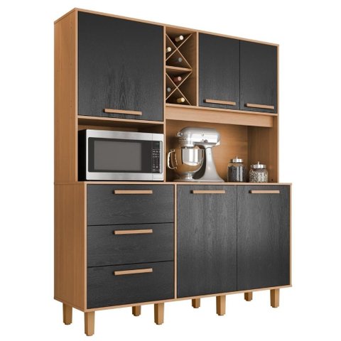 Kit Cozinha 5 Portas 3 Gavetas 161 cm Mari Cinamomo Preto Zanz