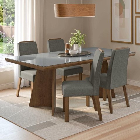 Conjunto Sala de Jantar Tampo de Vidro 4 Cadeiras Rustic/Cinza/Silver Todi Madesa
