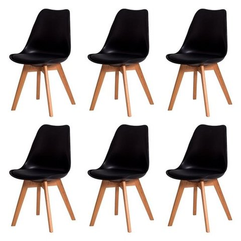 Kit c/6 cadeiras Leda – Charles Eames, Saarinen Wood com almofada preta