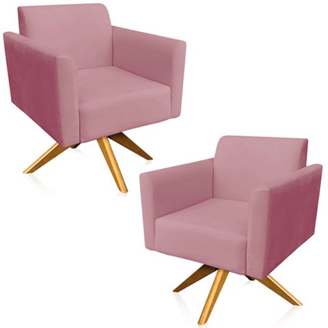 Kit 02 Poltronas Decorativas Isabella Base Giratória Madeira Suede Rosê - Gran Belo