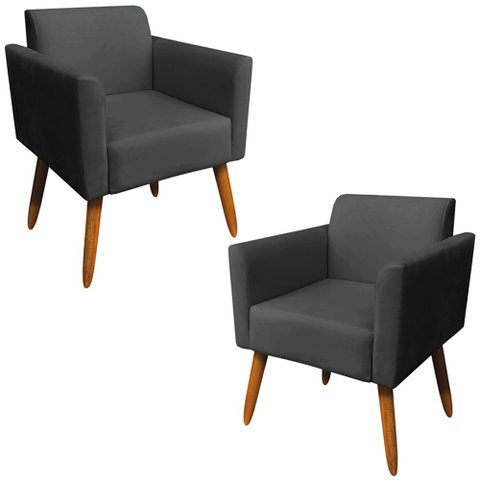 Kit 02 Poltronas Decorativas Isabella Pés Palito Madeira Suede Preto - Gran Belo