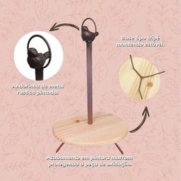 Suporte Doce Cupcake Ferro Marrom Pé Pássaro Prato Madeira Elegância Rústica Sofisticação Ideal Mesa - 4