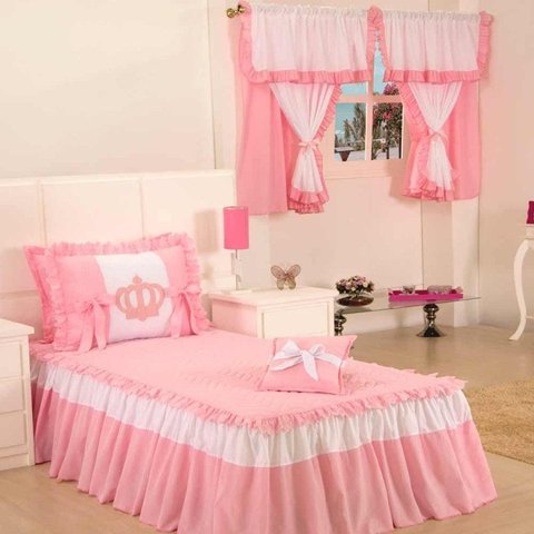 Kit Colcha Solteiro Realeza Bordada com Almof. + Cortina 2,00M X 1,70M - Rosa