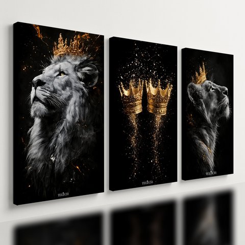 Kit 3 Quadro Decorativo Leão Rei Coroa Animal Selva Moderno 40x28cm
