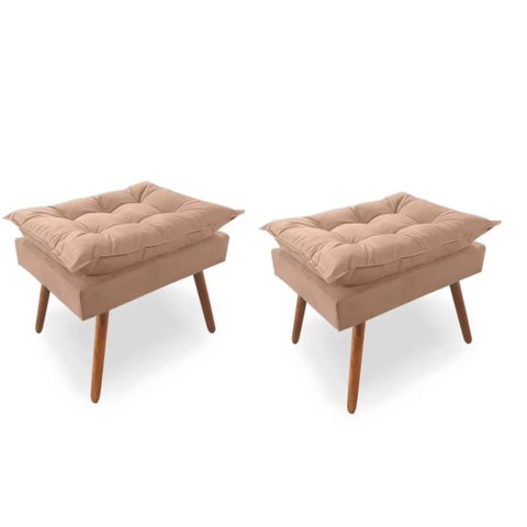 Kit 02 Puff Opala Luxo Suede Pés Palito Decorativo Bela-moveis:bege