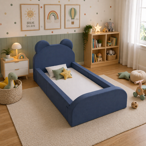 Cama Box Infantil Montessoriana Espuma com Colchão 62x91x164cm Ursinho Veludo Azul