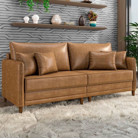 Sofá 3 Lugares Living 232cm Pé Madeira Zoe Sintético Camel Z08 - Mpozenato