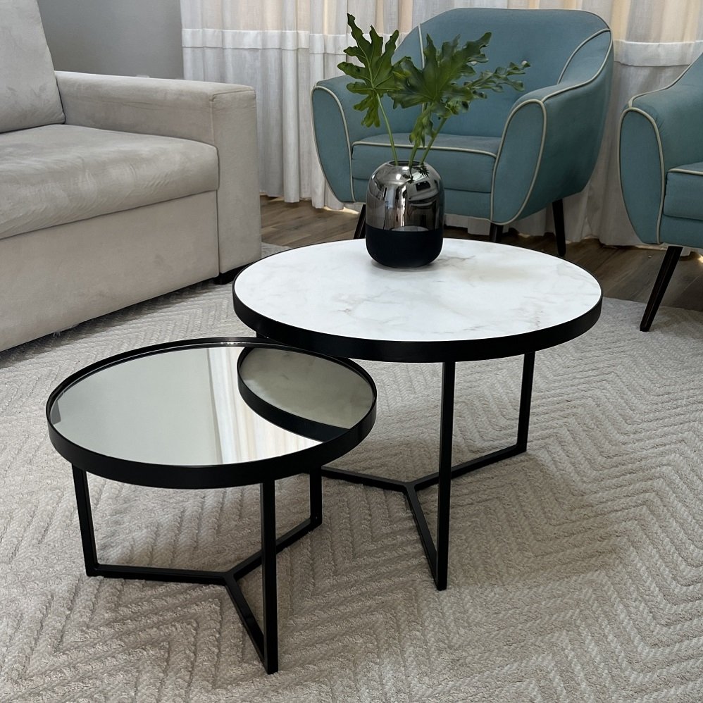 Conjunto Mesa de Centro Redonda Dallas Marmo Branco com Espelho - Preto