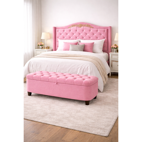 Kit de Quarto Lisboa Cabeceira de Cama Box e Calçadeira Baú Queen 160 Cm Suede Rosa Eli Móveis e Dec