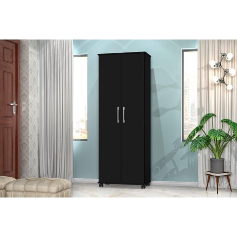 Multiuso / Armário ARE 2 Portas Com Prateleiras Interna e Puxadores Cromados Com Rodízios Cor Preto 