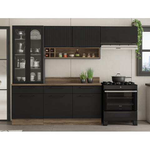 Conjunto para Cozinha Exclusive Itatiaia com Cristaleira em Aço e Portas Vidro:grafite/preto