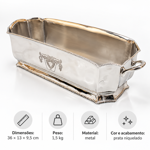Cachepot Retangular em Metal Niquelado Prata com Alças 36x13x9,5 cm