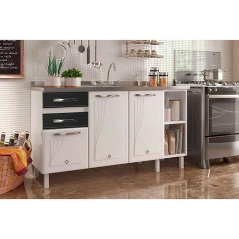 Módulo Cozinha Telasul Star New Balcão 3 Portas e 2 Gavetas sem Tampo 150cm Preto-telasul