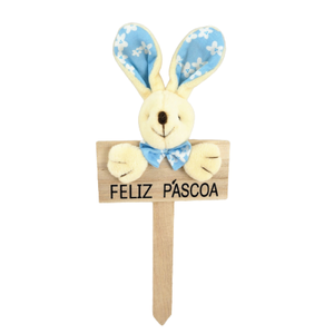Placa Coelho Azul Feliz Páscoa 23x9x4cm Enfeite DePáscoa