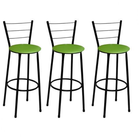 Kit 3 Banquetas Alta Preta com Encosto Assento Verde Jaddi