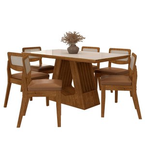 Mesa Santiago com 6 Cadeiras Sextavada Frei/off/corino Caramelo - M.a Freijó/off Pre/corino
