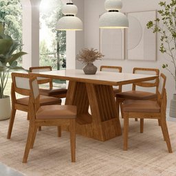 Mesa Santiago com 6 Cadeiras Sextavada Frei/off/corino Caramelo - M.a Freijó/off Pre/corino - 2