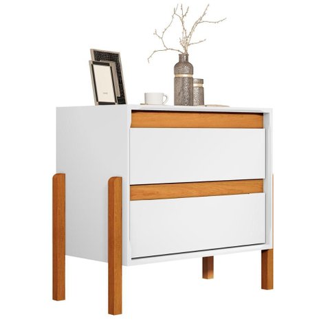 Mesa de Cabeceira Verona com 2 Gavetas e Pés Madeira Maciça Branco/nature
