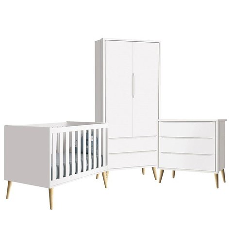 Quarto Infantil Theo 2 portas Branco Fosco com Pés Madeira Natural - Reller Móveis