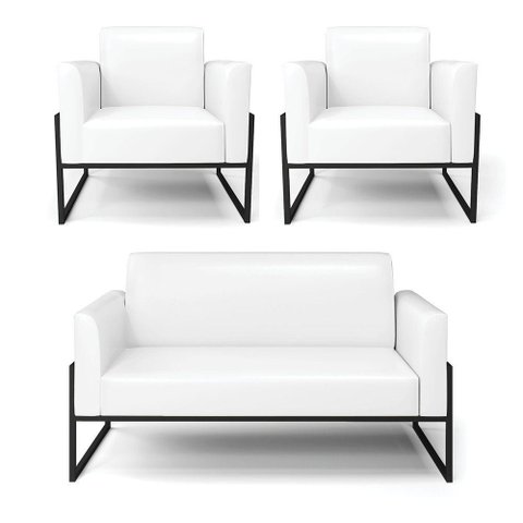 Sofá Namoradeira com 2 Poltronas Base Industrial Alta Preto Marisa Corano Branco D03 - D\'rossi