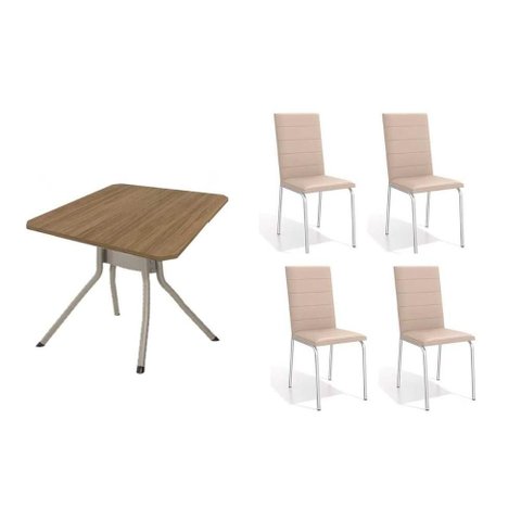 Conjunto: Mesa Sala Jantar Loire C/ Tampo de Madeira 90cm + 4 Cadeiras Amsterdã Niquel/corano Bege