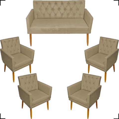 Kit Namoradeira Decorativa Para Sala Capitonê Com Base + 4 Poltronas Para Recepção Suede