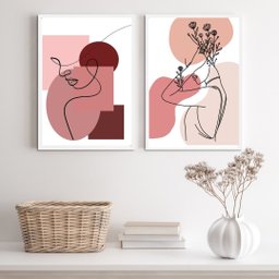 Kit 2 Quadros para Quarto Mulher Contorno Linha rosê 45x34cm - com Vidro:madeira Preta - 1