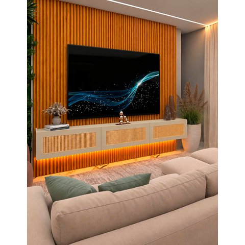 Conjunto Home Modulo Suspenso Tela Rattan LED Nanda 2200 mm Cor:Off-White/Madeira