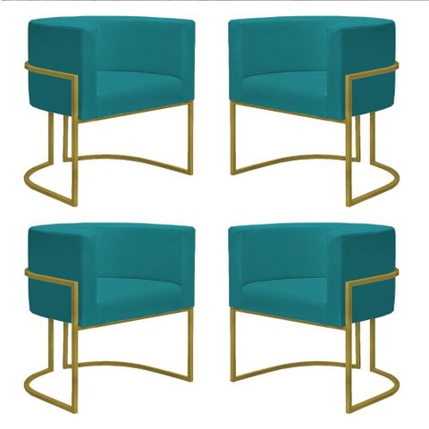 Kit 4 Poltronas Reforçadas Decorativa Sala Nayara Base Ferro Dourado Suede Azul Tifany