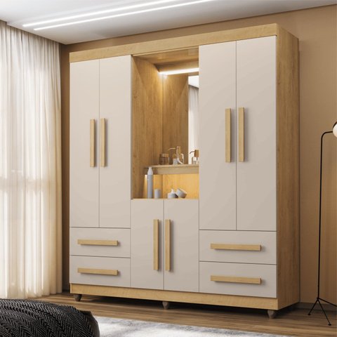Guarda-Roupa Casal 6 Portas 4 Gavetas com Espelho e LED Nicho Iluminado São Paulo Cinamomo Off White