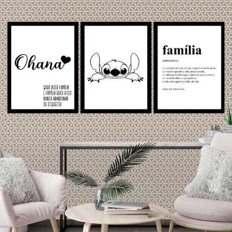 Kit 3 Quadros Ohana Família Significado 24x18cm:madeira Preta