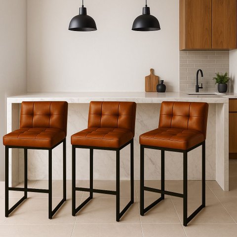 Banqueta Cozinha Alta com Encosto Industrial Kit 3 Preto Lirina Pu C05 - D’Rossi