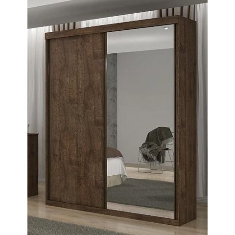 Guarda Roupa Solteiro com Espelho 100% MDF 2 Portas de Correr 3 Gavetas 183cm Búzios Castanho - Valverde