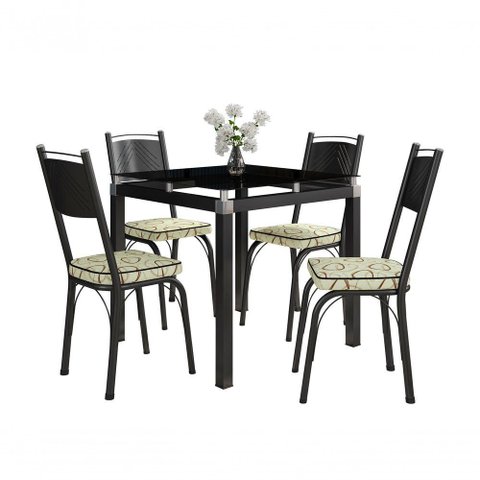 Conjunto de Mesa Tubular Malva com 4 Cadeiras 151 Tampo de Vidro 75cm Preto Assento Cedro Artefamol