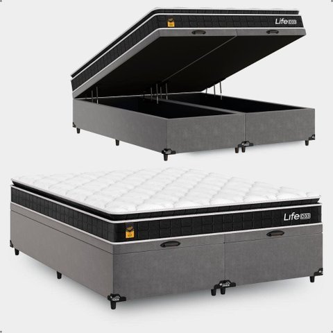 Cama Box Baú Queen Bipartido Cinza + Colchão Life D33 Pillow Top 61x158x198cm Preto - e-Shop Casa