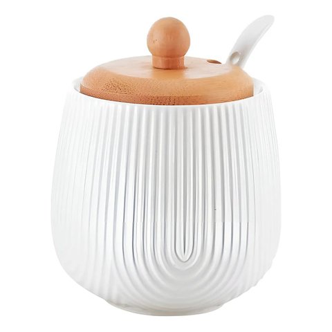 Acucareiro Ceramica Tampa de Bambu com Colher 360ml